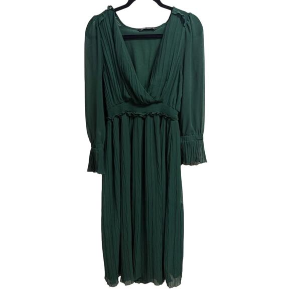 Zara Dresses & Skirts - Zara Green Pleated Chiffon Midi Dress Large Smocked Waist V Neck
